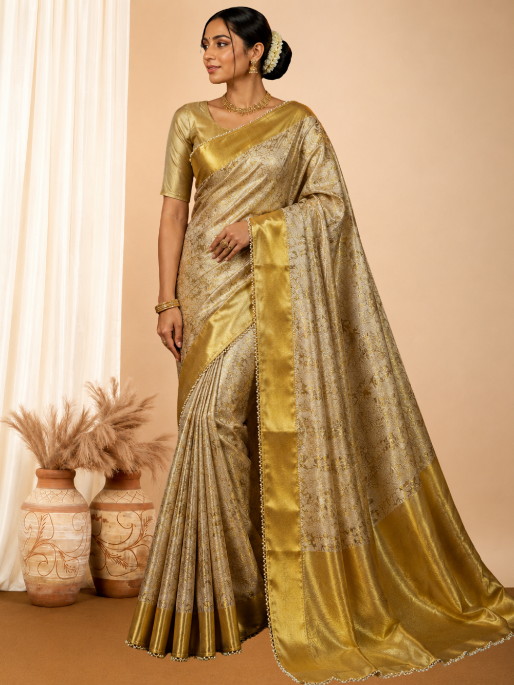 Gold premium banarasi tissue silk saree with zari weaving work.
